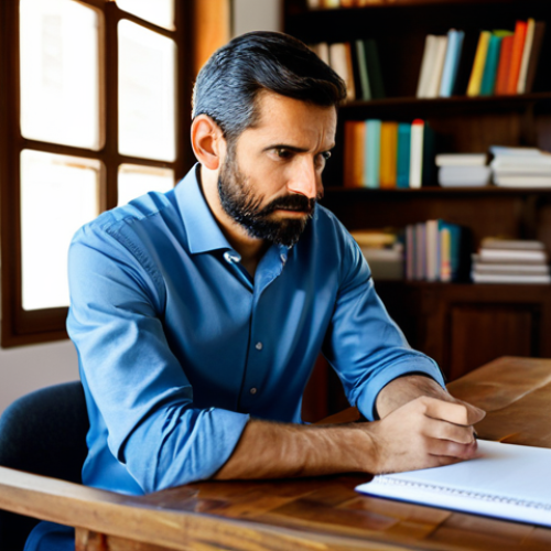 A focused Spanish entrepreneur, a man or woman in their 30s-40s, dressed in a professional yet comfortable business casual outfit, sitting thoughtfully at a large, rustic wooden desk in a sunlit home office. On the desk, there is an open notebook with diagrams resembling a SWOT matrix and a tablet displaying business analytics. The background features a blurred bookshelf filled with business books and a window revealing soft, natural light, hinting at a Spanish architectural style. The entrepreneur has a contemplative expression, gazing into the distance, deep in thought, representing introspection and strategic planning. Perfect anatomy, correct proportions, natural pose, well-formed hands, proper finger count, natural body proportions. Fully clothed, modest clothing, appropriate attire, professional dress, safe for work, appropriate content, professional, family-friendly. High-resolution, professional photography, soft lighting, natural colors.