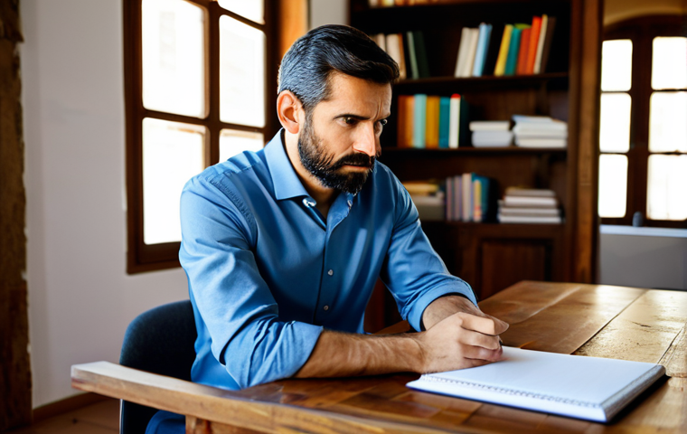 A focused Spanish entrepreneur, a man or woman in their 30s-40s, dressed in a professional yet comfortable business casual outfit, sitting thoughtfully at a large, rustic wooden desk in a sunlit home office. On the desk, there is an open notebook with diagrams resembling a SWOT matrix and a tablet displaying business analytics. The background features a blurred bookshelf filled with business books and a window revealing soft, natural light, hinting at a Spanish architectural style. The entrepreneur has a contemplative expression, gazing into the distance, deep in thought, representing introspection and strategic planning. Perfect anatomy, correct proportions, natural pose, well-formed hands, proper finger count, natural body proportions. Fully clothed, modest clothing, appropriate attire, professional dress, safe for work, appropriate content, professional, family-friendly. High-resolution, professional photography, soft lighting, natural colors.