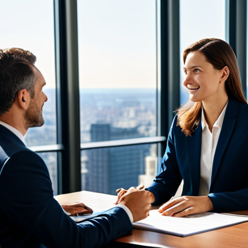 A professional female consultant, fully clothed in a modest business suit, is engaged in a clear, empowering discussion with a male client CEO in a modern, sunlit executive office. They are seated at a polished conference table, with large windows overlooking a vibrant city skyline, evoking a sense of strategic clarity and collaboration. The atmosphere is professional and respectful, focusing on positive interaction and shared understanding. perfect anatomy, correct proportions, natural pose, well-formed hands, proper finger count, natural body proportions, professional dress, appropriate attire, safe for work, appropriate content, family-friendly, high-resolution, professional photography, cinematic lighting.