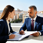**

"A professional management consultant, fully clothed in a modest business suit, engaging in a focused discussion with a client in a bright, modern office in Valencia, Spain. The office has large windows overlooking the city. They are reviewing documents and discussing strategic options. Perfect anatomy, correct proportions, natural pose, well-formed hands, proper finger count. Professional attire, appropriate content, safe for work, professional photography, high quality, family-friendly."

**