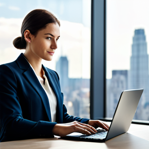 **

"A confident business professional in a modern, well-lit office setting, working on a laptop. She is fully clothed in a stylish yet modest business suit. Background includes blurred city skyline through a large window.  Safe for work, appropriate content, fully clothed, professional, perfect anatomy, correct proportions, natural pose, high quality, well-formed hands."

**