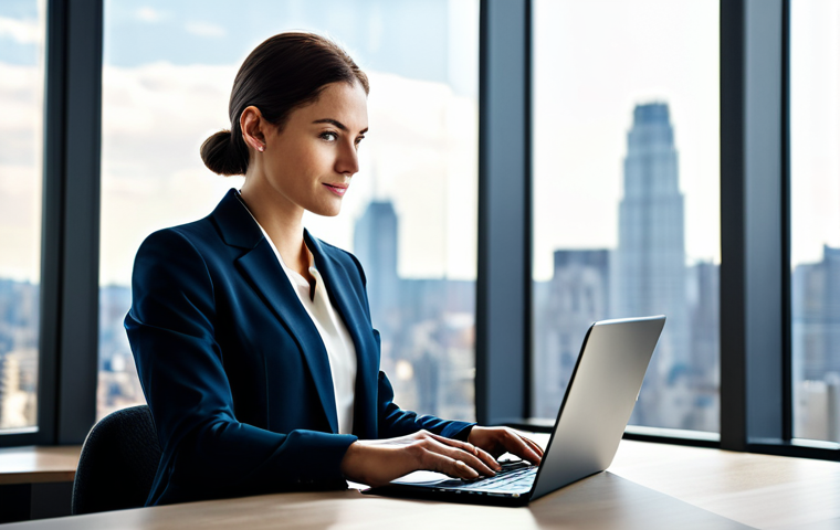 **
"A confident business professional in a modern, well-lit office setting, working on a laptop. She is fully clothed in a stylish yet modest business suit. Background includes blurred city skyline through a large window. Safe for work, appropriate content, fully clothed, professional, perfect anatomy, correct proportions, natural pose, high quality, well-formed hands."
**
