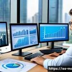 경영컨설턴트 필수 역량 - A professional business consultant in a modern office setting, analyzing complex data charts on mult...