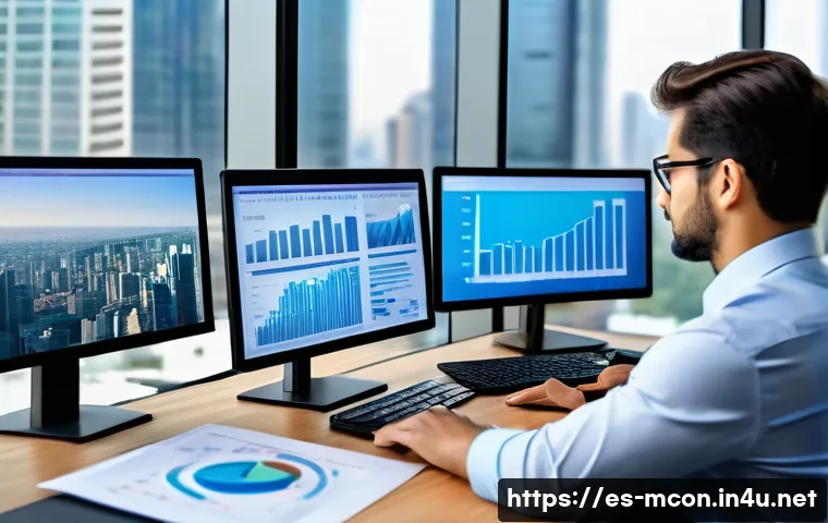 경영컨설턴트 필수 역량 - A professional business consultant in a modern office setting, analyzing complex data charts on mult...