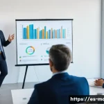 이직을 준비하는 경영컨설턴트 - A professional business consultant giving a dynamic presentation in a modern, bright office setting ...