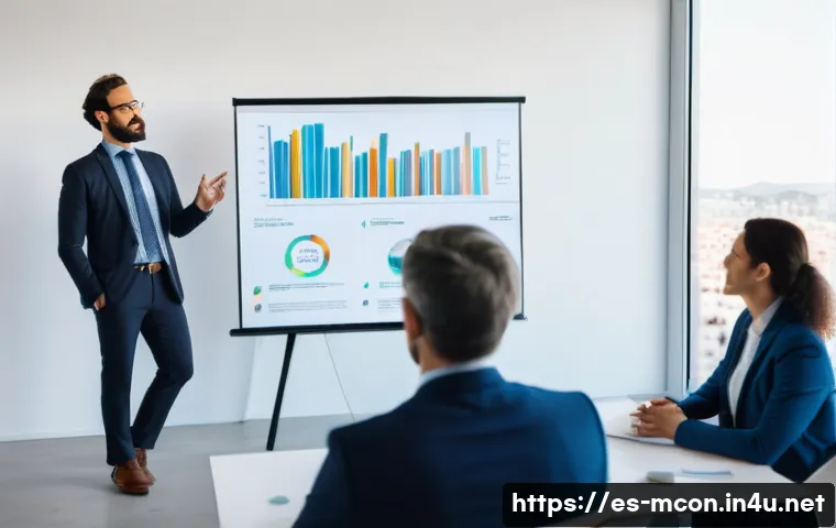 이직을 준비하는 경영컨설턴트 - A professional business consultant giving a dynamic presentation in a modern, bright office setting ...
