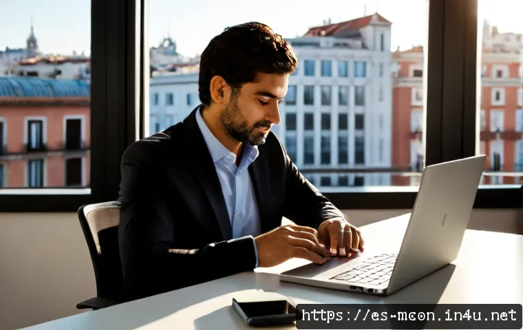 경영컨설턴트의 워라밸 - Photorealistic management consultant in a bright modern Madrid office, calmly closing a laptop at th...